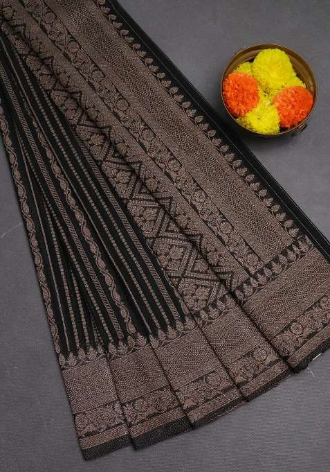 Banarasi Semi Crepe Saree Black With Allover Thread Zari Weaves And Woven Border With Traditional Woven Design For Women