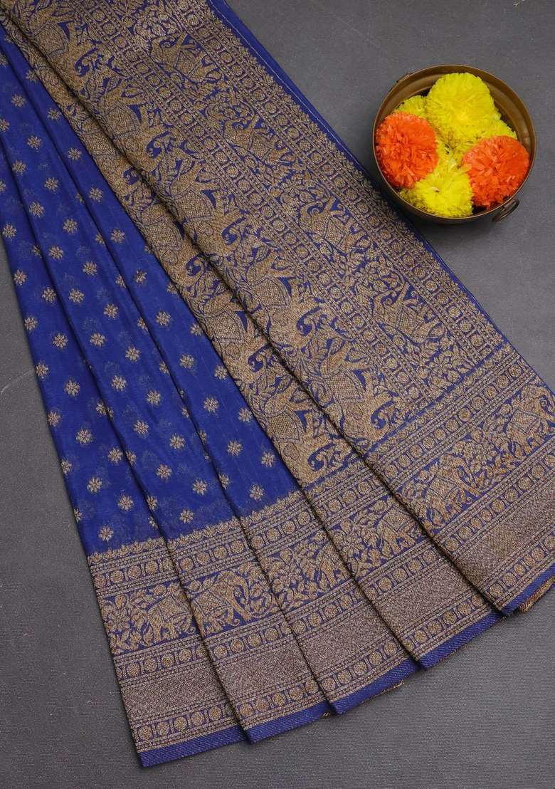 Banarasi Semi Crepe Saree Blue With Woven Buttas And Woven Border With Buttas And Brocade Design For Women - Indya
