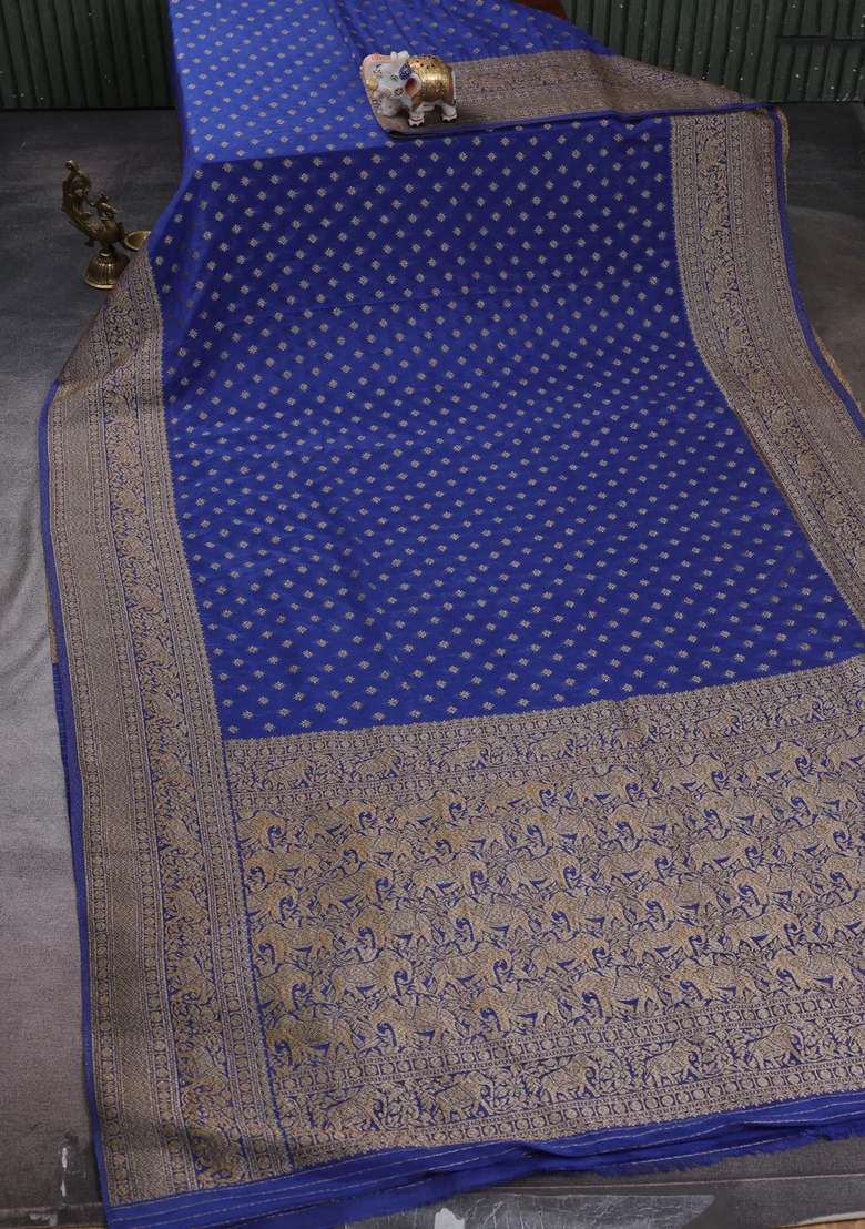 Banarasi Semi Crepe Saree Blue With Woven Buttas And Woven Border With Buttas And Brocade Design For Women - Indya