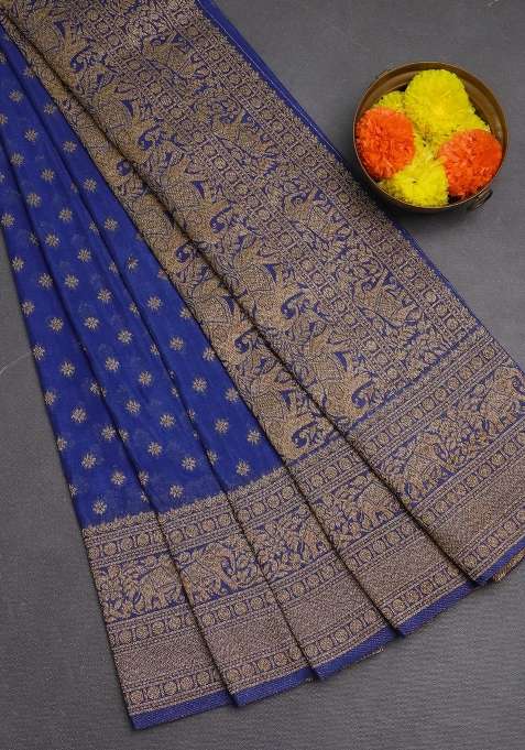 Banarasi Semi Crepe Saree Blue With Woven Buttas And Woven Border With Buttas And Brocade Design For Women