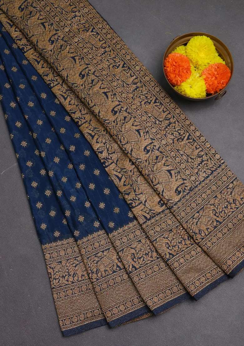 Banarasi Semi Crepe Saree Peacock Blue With Woven Buttas And Woven Border With Buttas And Brocade Design For Women - Indya