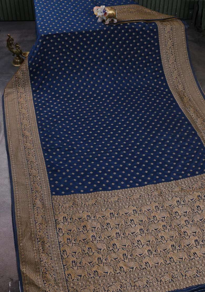 Banarasi Semi Crepe Saree Peacock Blue With Woven Buttas And Woven Border With Buttas And Brocade Design For Women - Indya