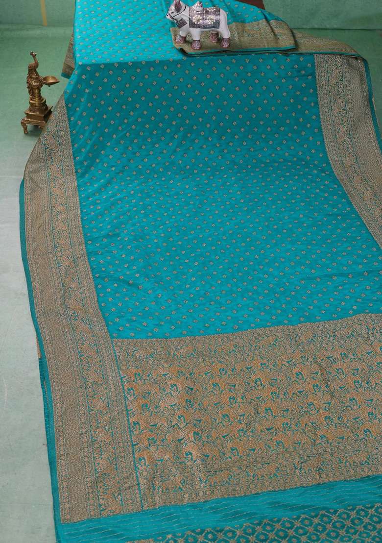 Banarasi Semi Crepe Saree Teal Blue With Woven Buttas And Woven Border With Buttas And Brocade Design For Women - Indya