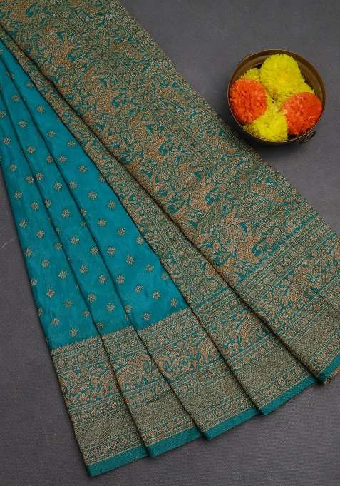 Banarasi Semi Crepe Saree Teal Blue With Woven Buttas And Woven Border With Buttas And Brocade Design For Women