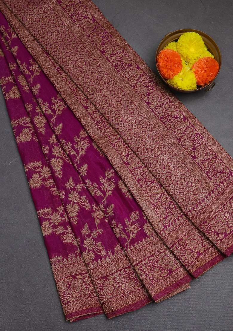 Banarasi Semi Crepe Saree Purple With Allover Thread Zari Weaves And Woven Border With Traditional Woven Design For Women - Indya