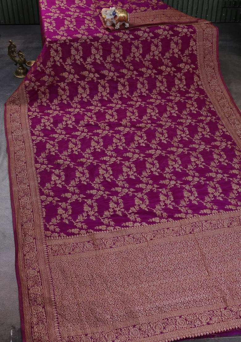 Banarasi Semi Crepe Saree Purple With Allover Thread Zari Weaves And Woven Border With Traditional Woven Design For Women - Indya