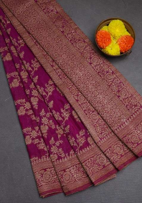 Banarasi Semi Crepe Saree Purple With Allover Thread Zari Weaves And Woven Border With Traditional Woven Design For Women