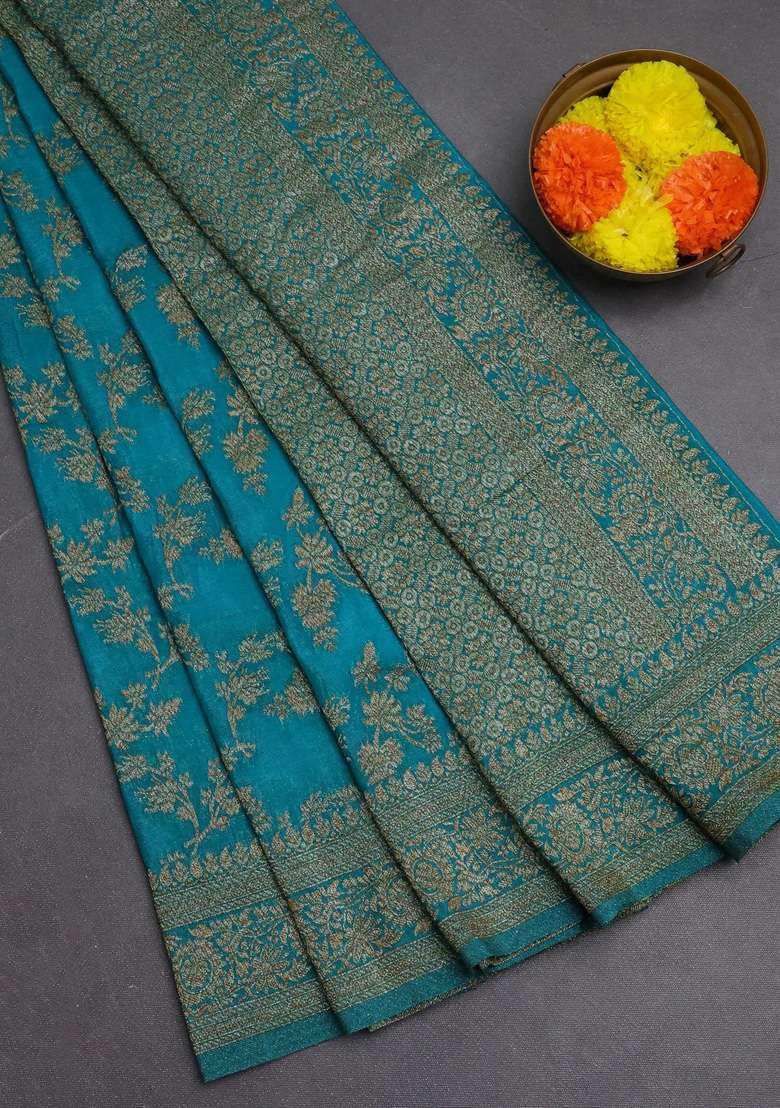 Banarasi Semi Crepe Saree Teal Blue With Allover Thread Zari Weaves And Woven Border With Traditional Woven Design For Women - Indya