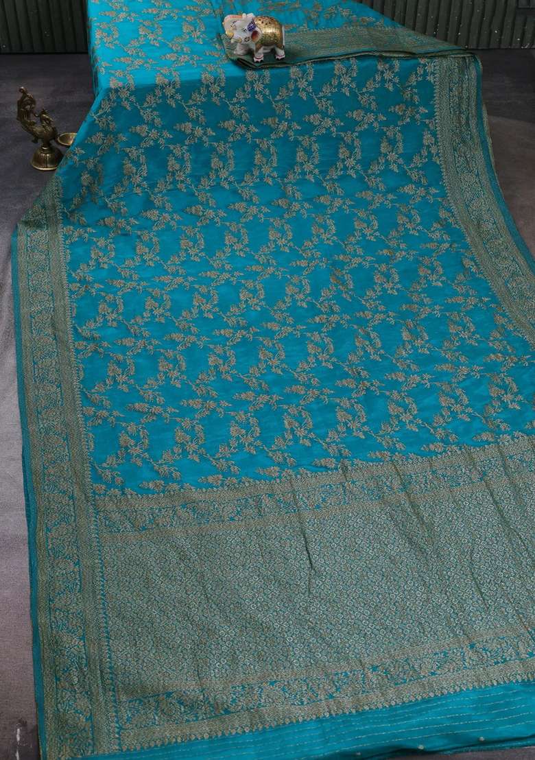 Banarasi Semi Crepe Saree Teal Blue With Allover Thread Zari Weaves And Woven Border With Traditional Woven Design For Women - Indya