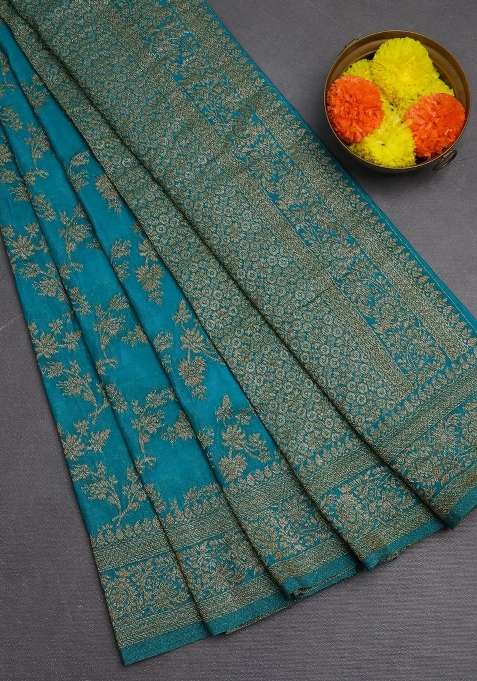 Banarasi Semi Crepe Saree Teal Blue With Allover Thread Zari Weaves And Woven Border With Traditional Woven Design For Women