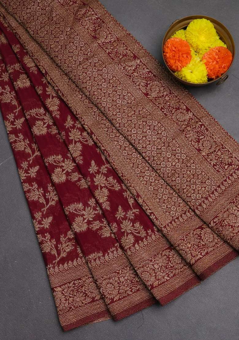 Banarasi Semi Crepe Saree Maroon With Allover Thread Zari Weaves And Woven Border With Traditional Woven Design For Women - Indya