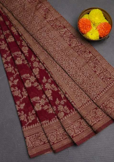 Banarasi Semi Crepe Saree Maroon With Allover Thread Zari Weaves And Woven Border With Traditional Woven Design For Women