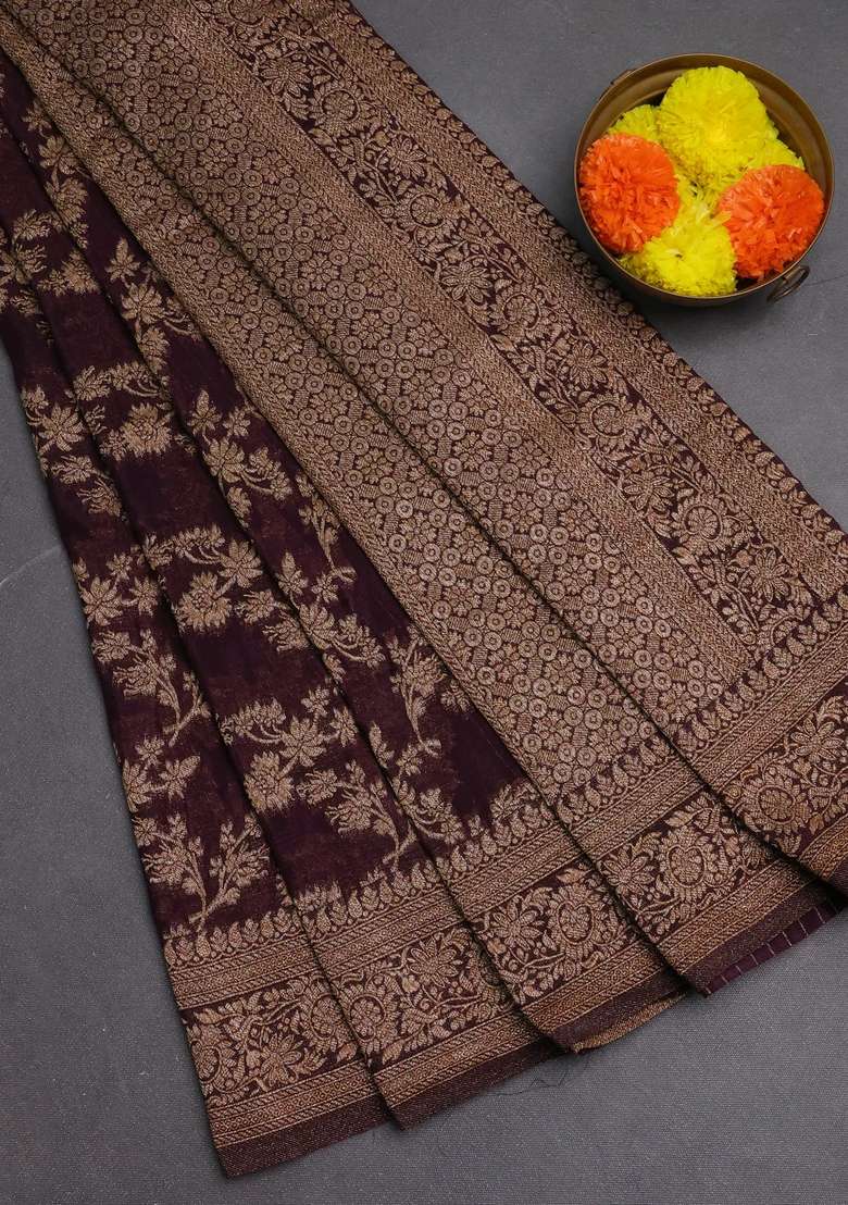 Banarasi Semi Crepe Saree Deep Wine With Allover Thread Zari Weaves And Woven Border With Traditional Woven Design For Women - Indya
