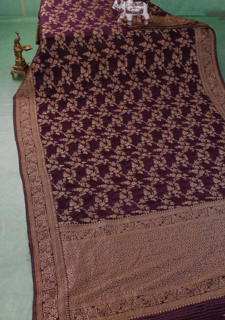 Banarasi Semi Crepe Saree Deep Wine With Allover Thread Zari Weaves And Woven Border With Traditional Woven Design For Women - Indya