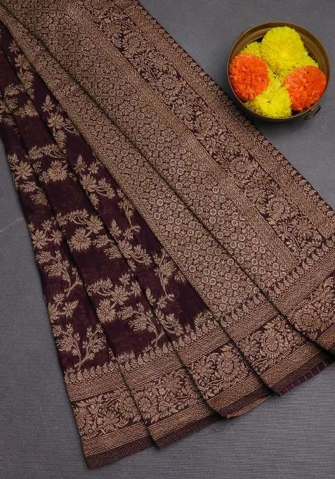 Banarasi Semi Crepe Saree Deep Wine With Allover Thread Zari Weaves And Woven Border With Traditional Woven Design For Women
