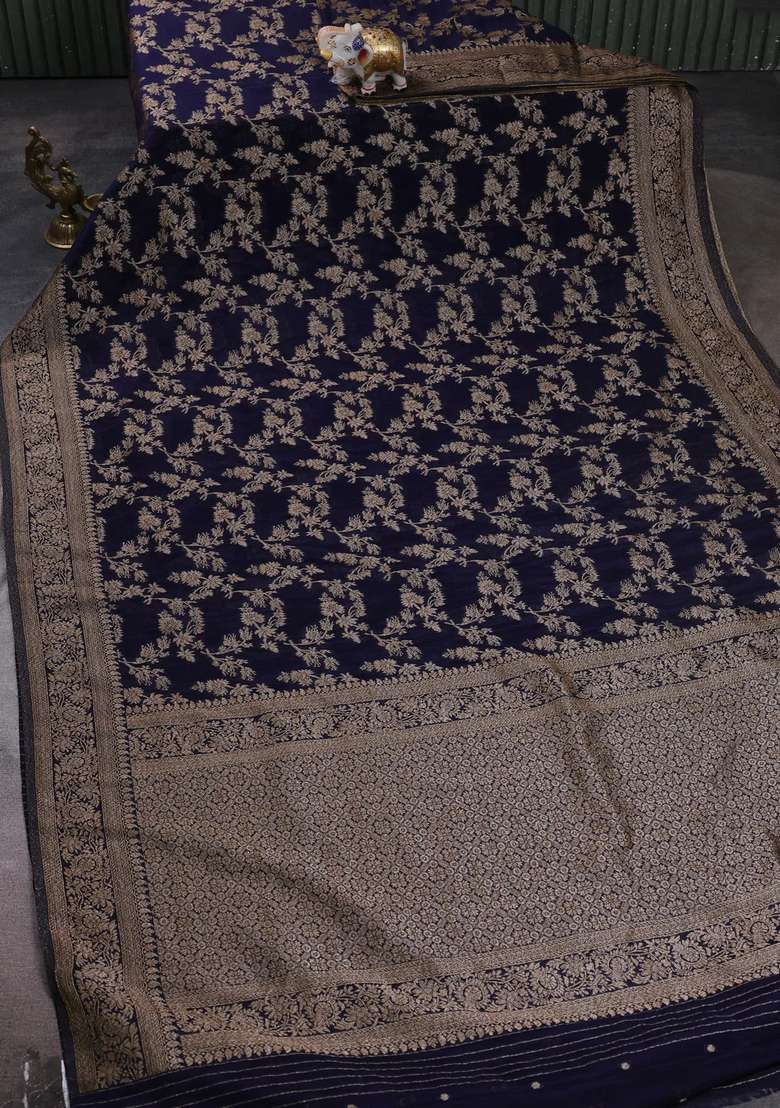 Banarasi Semi Crepe Saree Navy Blue With Allover Thread Zari Weaves And Woven Border With Traditional Woven Design For Women - Indya