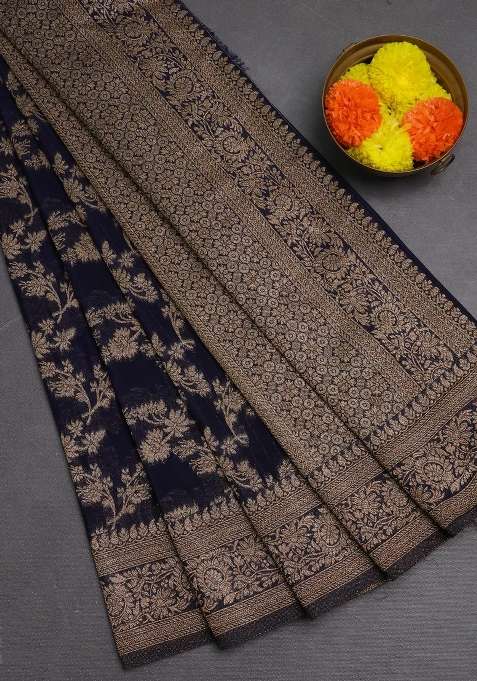 Banarasi Semi Crepe Saree Navy Blue With Allover Thread Zari Weaves And Woven Border With Traditional Woven Design For Women