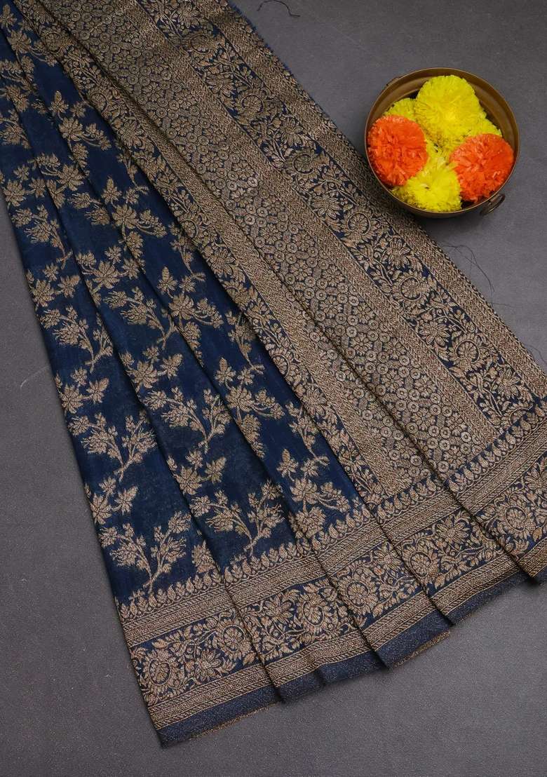 Banarasi Semi Crepe Saree Peacock Blue With Allover Thread Zari Weaves And Woven Border With Traditional Woven Design For Women - Indya