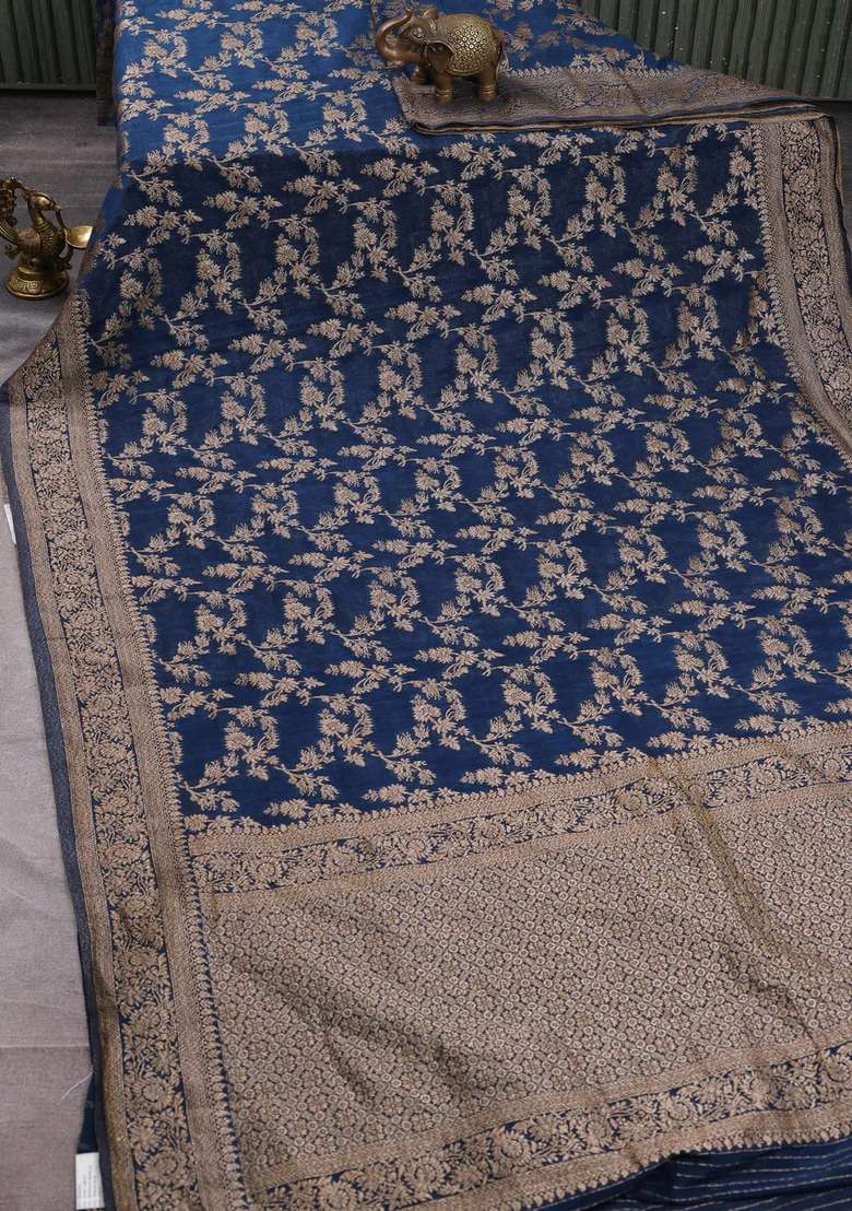 Banarasi Semi Crepe Saree Peacock Blue With Allover Thread Zari Weaves And Woven Border With Traditional Woven Design For Women - Indya