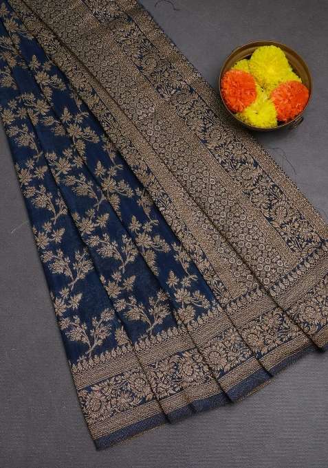 Banarasi Semi Crepe Saree Peacock Blue With Allover Thread Zari Weaves And Woven Border With Traditional Woven Design For Women