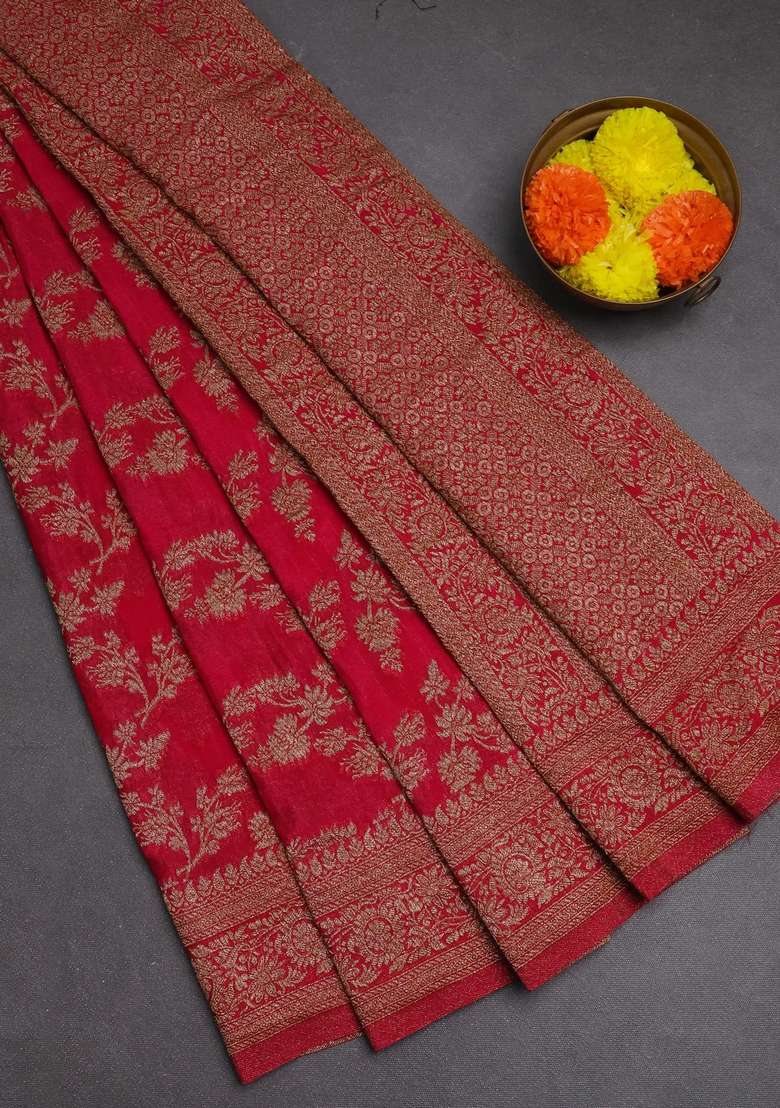 Banarasi Semi Crepe Saree Pink With Allover Thread Zari Weaves And Woven Border With Traditional Woven Design For Women - Indya