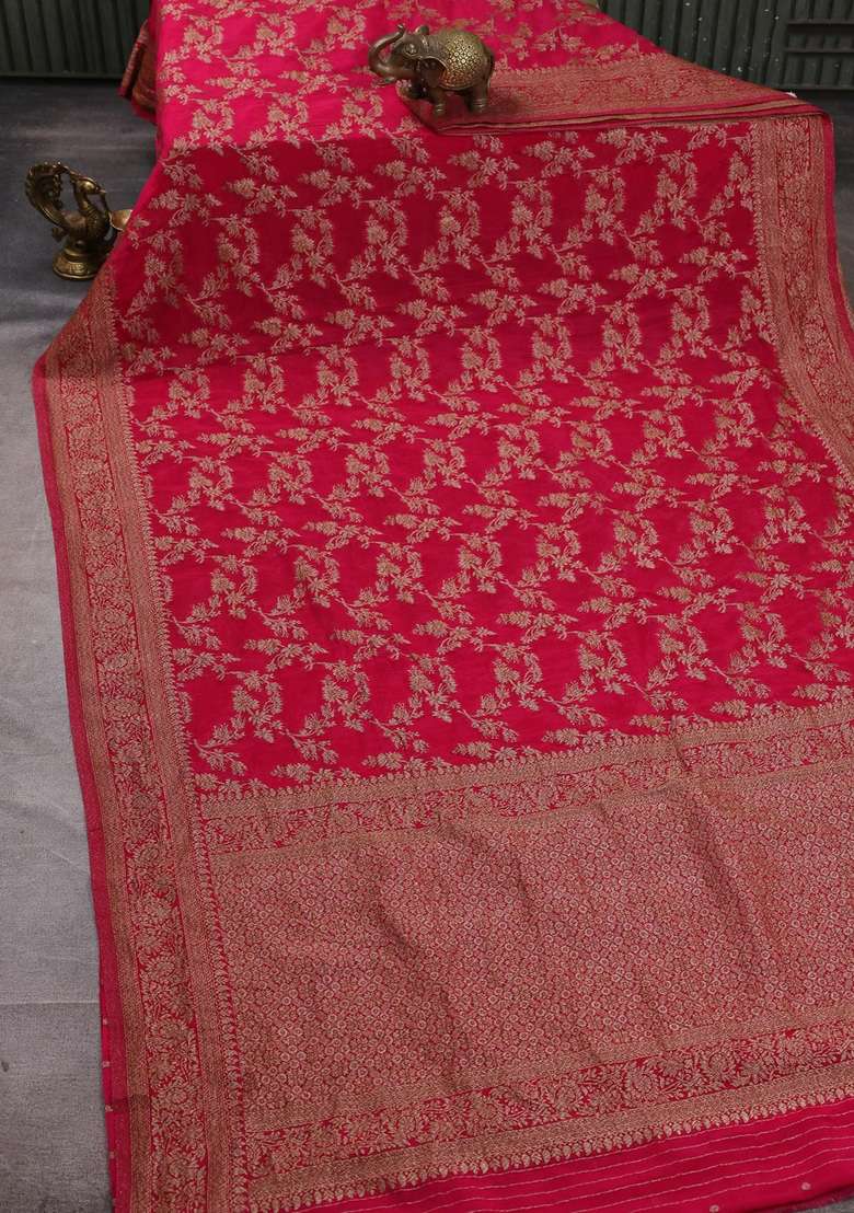 Banarasi Semi Crepe Saree Pink With Allover Thread Zari Weaves And Woven Border With Traditional Woven Design For Women - Indya