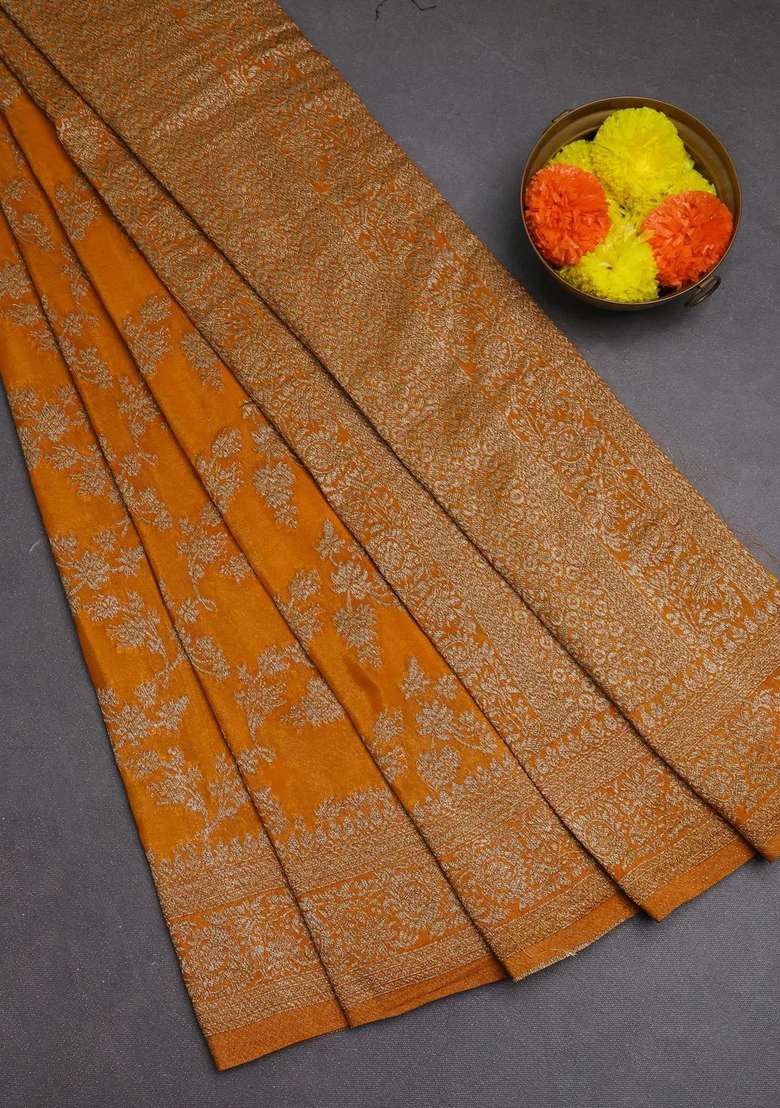 Banarasi Semi Crepe Saree Mango Yellow With Allover Thread Zari Weaves And Woven Border With Traditional Woven Design For Women - Indya