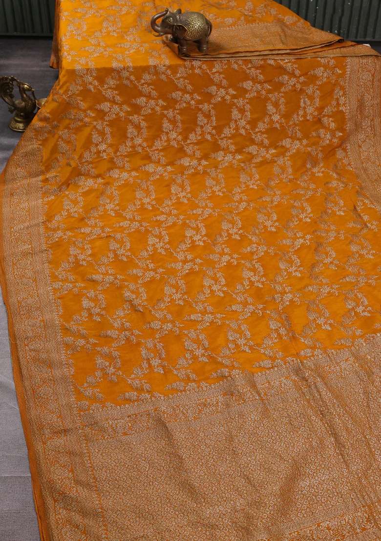 Banarasi Semi Crepe Saree Mango Yellow With Allover Thread Zari Weaves And Woven Border With Traditional Woven Design For Women - Indya