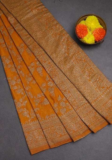 Banarasi Semi Crepe Saree Mango Yellow With Allover Thread Zari Weaves And Woven Border With Traditional Woven Design For Women