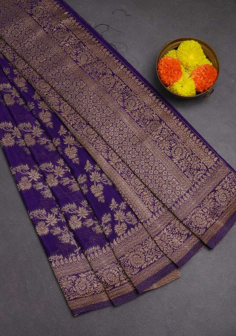 Banarasi Semi Crepe Saree Violet With Allover Thread Zari Weaves And Woven Border With Traditional Woven Design For Women - Indya