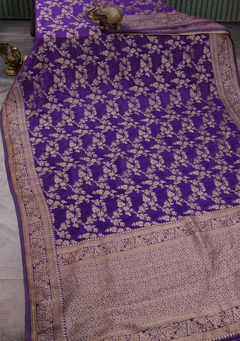 Banarasi Semi Crepe Saree Violet With Allover Thread Zari Weaves And Woven Border With Traditional Woven Design For Women - Indya
