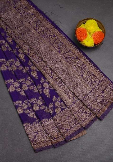 Banarasi Semi Crepe Saree Violet With Allover Thread Zari Weaves And Woven Border With Traditional Woven Design For Women