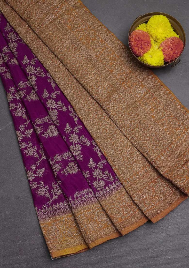 Banarasi Semi Crepe Saree Purple And Mustard Yellow With Allover Thread Zari Weaves And Woven Border With Traditional Woven Design For Women - Indya