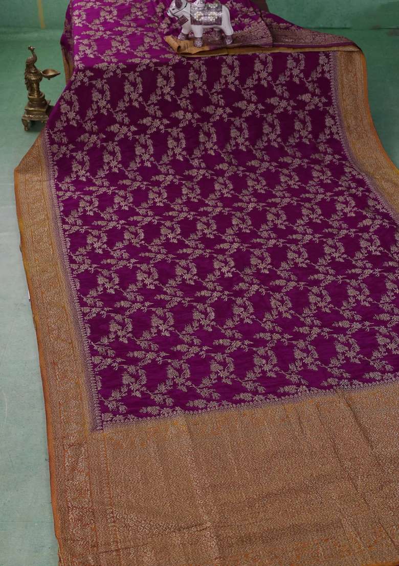 Banarasi Semi Crepe Saree Purple And Mustard Yellow With Allover Thread Zari Weaves And Woven Border With Traditional Woven Design For Women - Indya