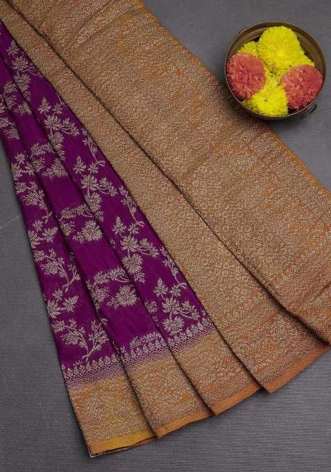 Banarasi Semi Crepe Saree Purple And Mustard Yellow With Allover Thread Zari Weaves And Woven Border With Traditional Woven Design For Women