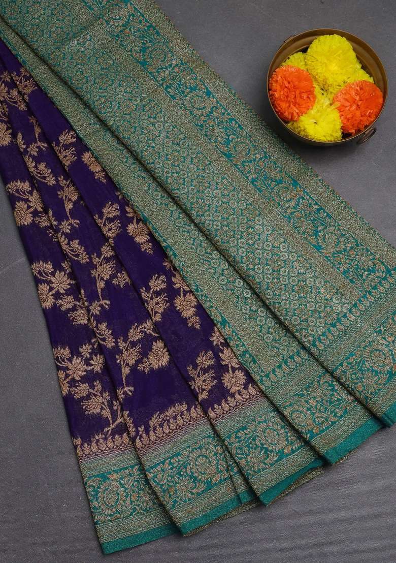 Banarasi Semi Crepe Saree Violet And Teal Blue With Allover Thread Zari Weaves And Woven Border With Traditional Woven Design For Women - Indya