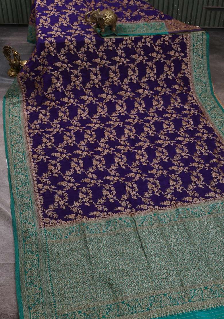Banarasi Semi Crepe Saree Violet And Teal Blue With Allover Thread Zari Weaves And Woven Border With Traditional Woven Design For Women - Indya