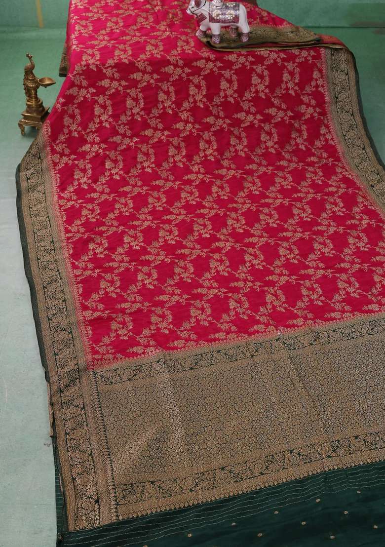 Banarasi Semi Crepe Saree Pink And Green With Allover Thread Zari Weaves And Woven Border With Traditional Woven Design For Women - Indya