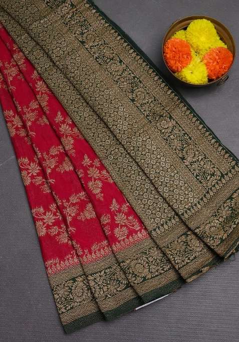Banarasi Semi Crepe Saree Pink And Green With Allover Thread Zari Weaves And Woven Border With Traditional Woven Design For Women