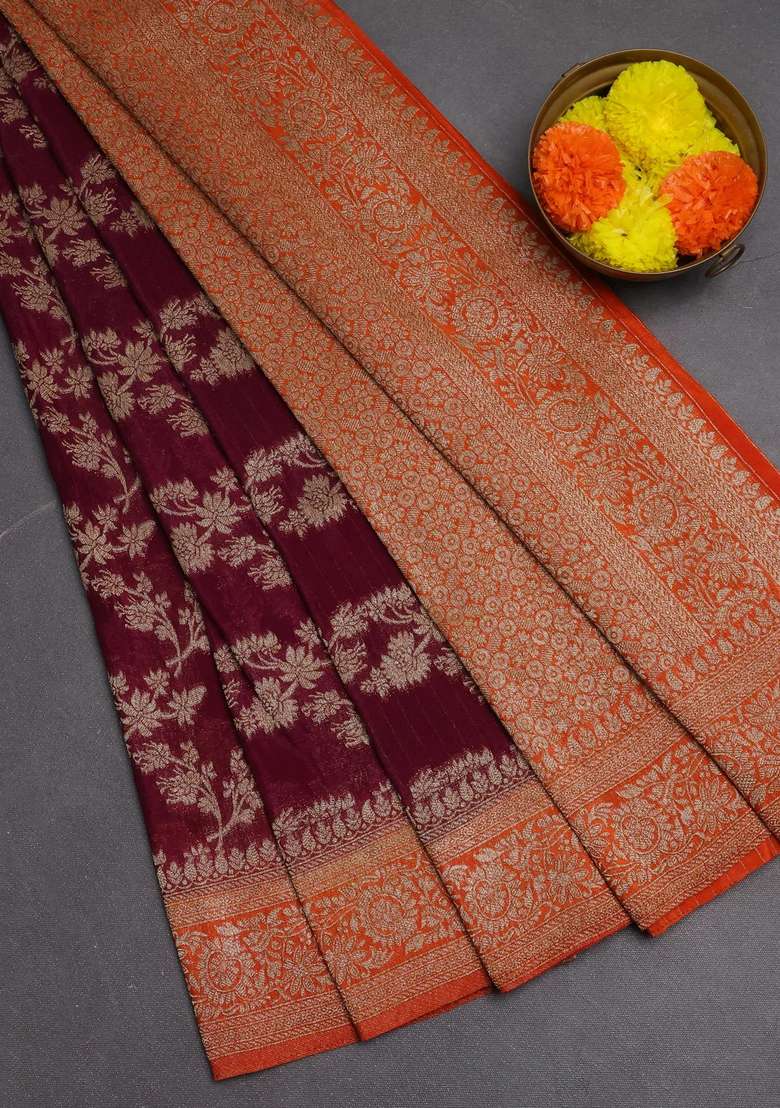 Banarasi Semi Crepe Saree Deep Wine And Orange With Allover Thread Zari Weaves And Woven Border With Traditional Woven Design For Women - Indya