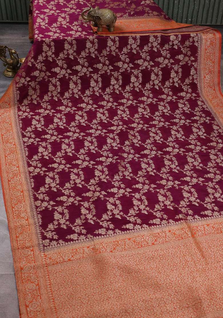 Banarasi Semi Crepe Saree Deep Wine And Orange With Allover Thread Zari Weaves And Woven Border With Traditional Woven Design For Women - Indya