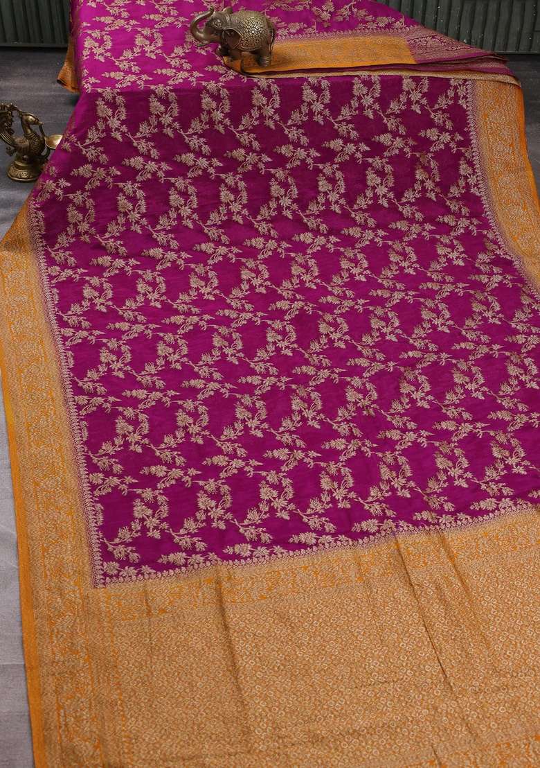 Banarasi Semi Crepe Saree Purple And Mustard Yellow With Allover Thread Zari Weaves And Woven Border With Traditional Woven Design For Women - Indya