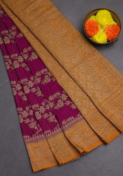 Banarasi Semi Crepe Saree Purple And Mustard Yellow With Allover Thread Zari Weaves And Woven Border With Traditional Woven Design For Women