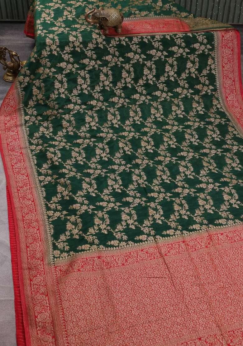Banarasi Semi Crepe Saree Green And Red With Allover Thread Zari Weaves And Woven Border With Traditional Woven Design For Women - Indya