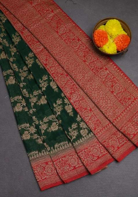 Banarasi Semi Crepe Saree Green And Red With Allover Thread Zari Weaves And Woven Border With Traditional Woven Design For Women