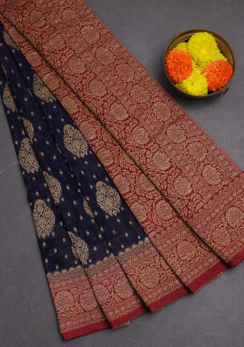 Banarasi Semi Crepe Saree Navy Blue And Maroon With Woven Buttas And Woven Border With Buttas And Brocade Design For Women - Indya