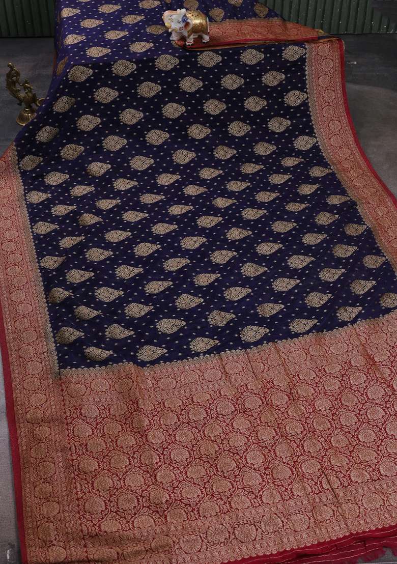 Banarasi Semi Crepe Saree Navy Blue And Maroon With Woven Buttas And Woven Border With Buttas And Brocade Design For Women - Indya
