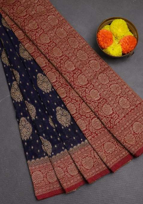 Banarasi Semi Crepe Saree Navy Blue And Maroon With Woven Buttas And Woven Border With Buttas And Brocade Design For Women