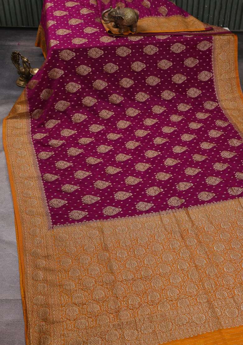 Banarasi Semi Crepe Saree Purple And Mustard Yellow With Woven Buttas And Woven Border With Buttas And Brocade Design For Women - Indya