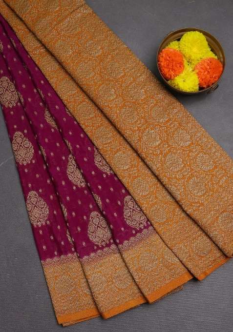 Banarasi Semi Crepe Saree Purple And Mustard Yellow With Woven Buttas And Woven Border With Buttas And Brocade Design For Women